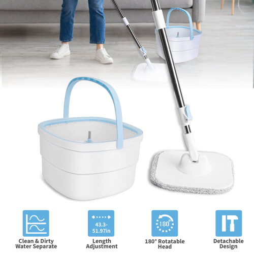 180-Drehmopp und Eimer mit Auswringer-Set, Mikrofaser-Mopp- und Eimer-Set mit Wassertrennsystem