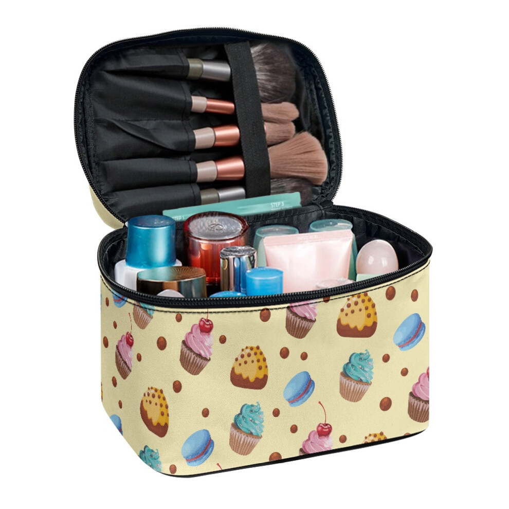 Cake with Macron Pattern Travel Makeup Bag with Brush Compartment with Brush Slots Cosmetic Travel Toiletry Bag Portable Daily Work Bridesmaid