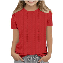 SYMOID Breathable Girls' Short Sleeve Shirts - Solid Color Crew Neck Tops for Daily Wear,Red,Size 5-6 T