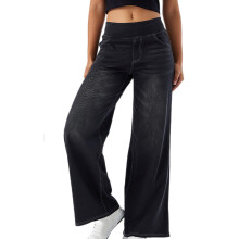 Pull On Damejeans Baggy Stretchy Højtaljede Denim Bukser med Brede Ben Trendy Løse Jeans med Lommer