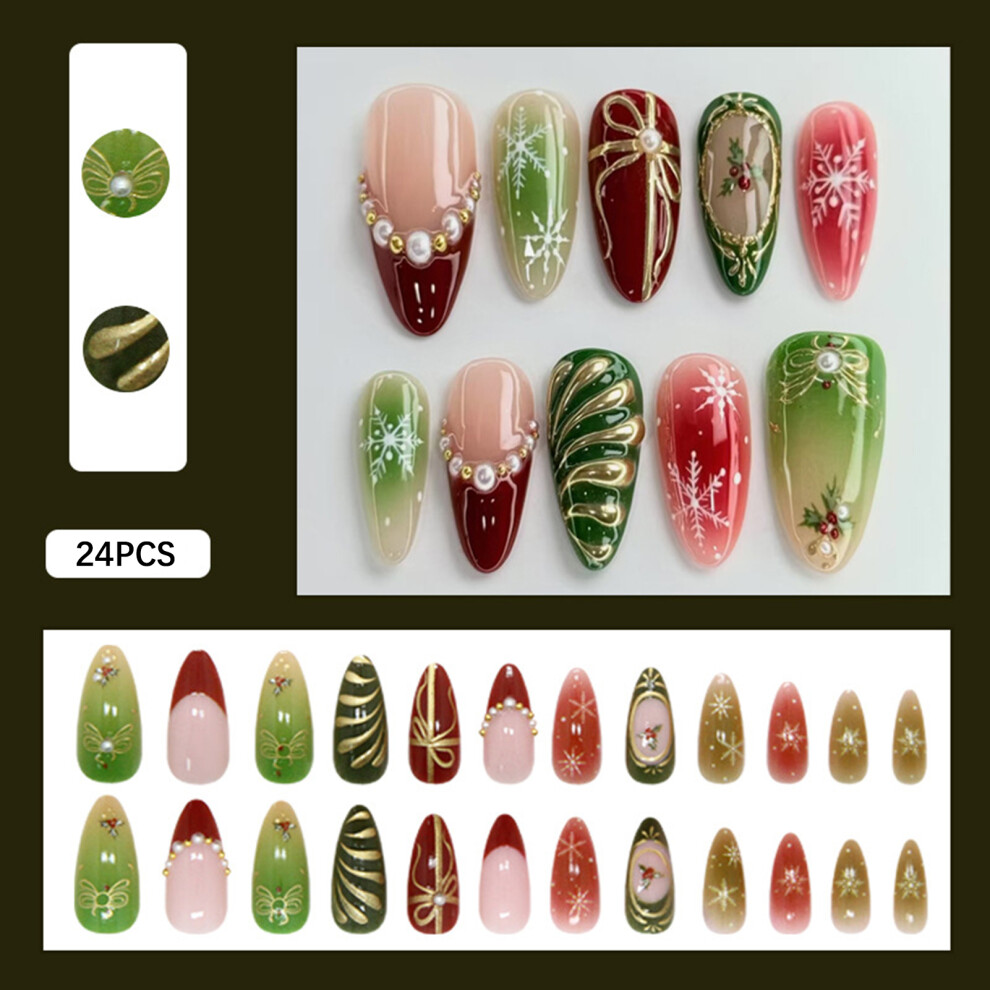 Dachuang Beauty White 24Pcs Almond Fake Nails Winter Snowflake Pearl Design
