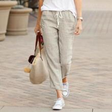 (khaki, XXXL) 2023 Spring Autumn New Solid Color Loose Casual Pants Cotton Linen Blend Drawstring Elastic Waist Trousers Comfortable Breathable