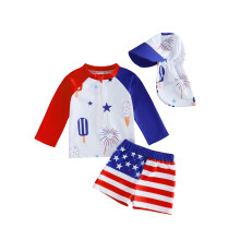 (18-24 Months, Blue) Toddler Boy Swimsuit Set 4th of July Long Sleeve Crew Neck Star Print Tops Swim Trunks and Hat Rash Guard Bathing Suit