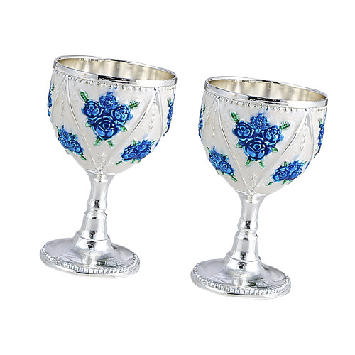 2 Piece 30ml Metal Embossed Wine Drinking-silver  blue flower