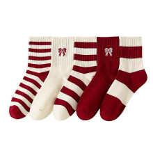 (White Bow)5 pair Bowknot Socks Women's Mid-length Socks Spring And Autumn Wear Fashion Striped