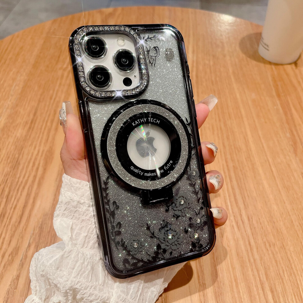 Case For Iphone 15 Plus, Compatible With Magsafe Charging, Clear Glitter Rose Flower Design, Slim Shockproof Cover With 360 Ring Kickstand For Women 9092120170627