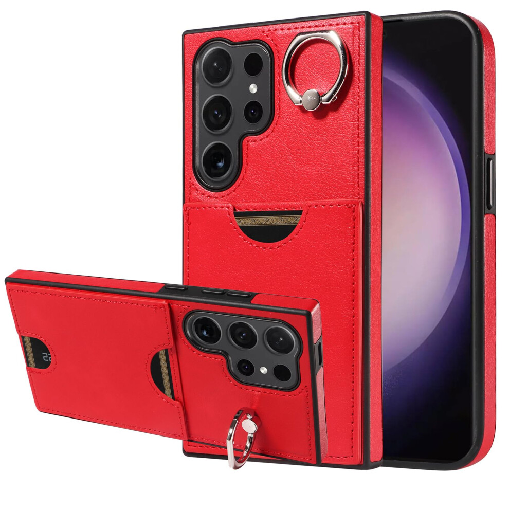 Leather Wallet Cover Case With Card Holder And 360 Rotating Ring Stand For Samsung Galaxy S24 Ultra Red 9092120171310