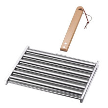 Hotdog Grill Stainless Steel with Wooden Handle, Includes 4 BBQ Skewers, 5 Hot Dog Capacity