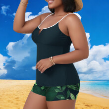Conjunto de biquíni tankini plus size feminino com estampa tropical de folhas, com bojo embutido, ideal para praia e piscina.