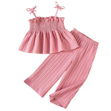 Sommertøj Småbørn Piger Camisole Outfits Baby Hør Blonde Smocked Ærmeløse Tanktoppe Bukser Sæt Tøjsæt Fritidstøj