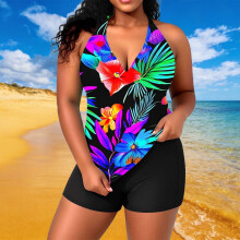 Completo tankini da donna taglie forti con stampa a rami, scollo all'americana, imbottitura integrata e spalline regolabili – Spiaggia, piscina e