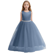 Flower Girls Satin Pageant Dress O-Neck Solid Color Sleeveless For Wedding Kids Pearls Prom Gowns With Bow Knot Relaxed Fit Toddler Child Sundress