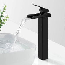 Matte Black Waterfall Bathroom Faucet, EU High Spout Basin Faucet, Square Brass Countertop Basin Faucet, Hot & Cold Water, G 3/8