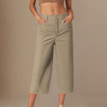 Cropped bukser til kvinder Trendy Business Casual Højtaljede Pull On-bukser med lige ben og lommer