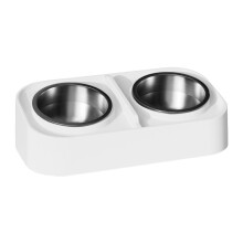 2-in-1 Raised Pet Bowl 14.17"x7.67", Stainless Steel Dog/Cat Feeder with Anti-Tip Base & Ergonomic Tilt – White