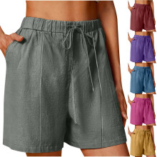 Pantaloncini da donna Simua in cotone e lino, tinta unita, estivi, con coulisse in vita elasticizzata e gamba larga, modello casual.