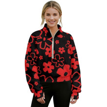 Women's Half-Zip Cropped Sweatshirt, Loose Fit Hoodie with Thumb Holes, Flower Red/Black, 3XL – Fall/Winter Work & Streetwear, Compatible with