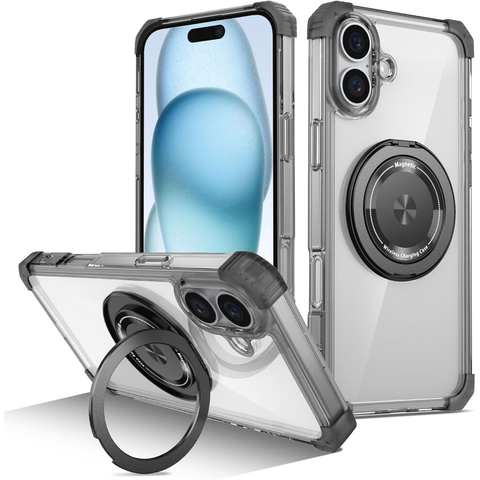 Military-Grade Shockproof Case For Iphone 16 Plus, Built-In Kickstand & Magnetic Rotating Ring Holder, 6.7" (Black) Black 9479868123892