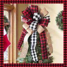 TETOU Christmas Tree Topper Buffalo Plaid Red Black Burlap Decorative Bow Home Xmas Decor
