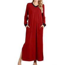 Womens Nightgown Sleepwear With Pockets,Women'S Long Sleeve V-Neck Pocket Side Slit Sleepwear Long Dress