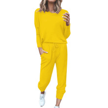 Dames lounge sets, dames effen lange mouwen losse lange broek, 2-delige sets voor dames, zomersets voor dames geel S
