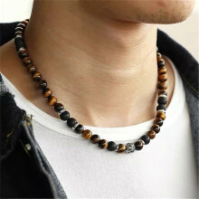 (B) Natural 8mm Tiger Eyes Jasper Polar Jade Beaded Necklace for Men Toggle Clasp Necklace