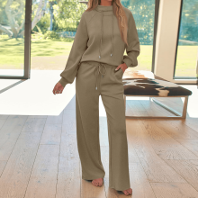 Completo casual da donna composto da felpa con cappuccio, top con tasca con zip e pantaloni, marrone, taglia XL.
