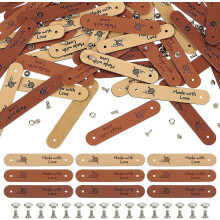 48 stuks PU-leren labels 2,5 x 0,5 inch, beige/chocolade/zadelbruin, ovale reliëflabels met klinknagels voor kleding, breien en haken.