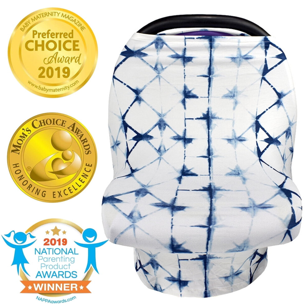 Stretchy Ultra-Soft Carseat Canopy & Nursing Cover, Stroller/Shopping Cart Cover, Infinity Scarf Shawl—Blue Lattice, Compatible with Most Car Seats