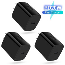USB C opladerblok, 3 stk. 20W PD Type C blokopladere vægopladerblok hurtigopladningsoplader stik strømadapter USB C murstenskube, mørkesort