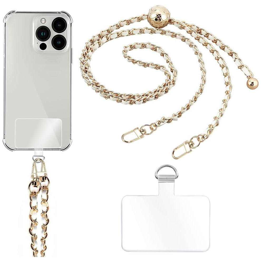 Adjustable Leather+Metal Phone Lanyard & Crossbody Chain With Tether Patches, Compatible With Most Phones 9028731180038