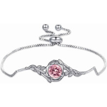 Vintage Rose with Pink Stone Box Chain Bracelet 925 Sterling Silver October Birthstone Adjustable Bracelet for Birthday Women Gifts