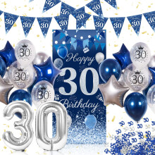 30th Birthday Decorations for Him – Blue & Silver Balloons, Banner, Triangle Flags, Confetti – Compatible with Standard Party Supplies