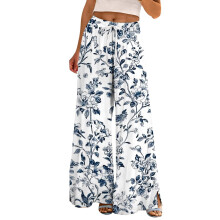Dames palazzo broek met hoge taille en wijde pijpen, bloemenprint/effen, zakken, donkerblauw – geschikt voor zomer en werk