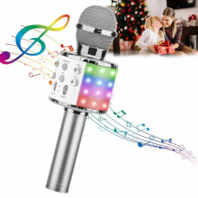 4-i-1 trådløs karaokemikrofon med LED-lys, bærbar KTV-afspiller til hjemmet, kompatibel med Android og iOS (sølv)