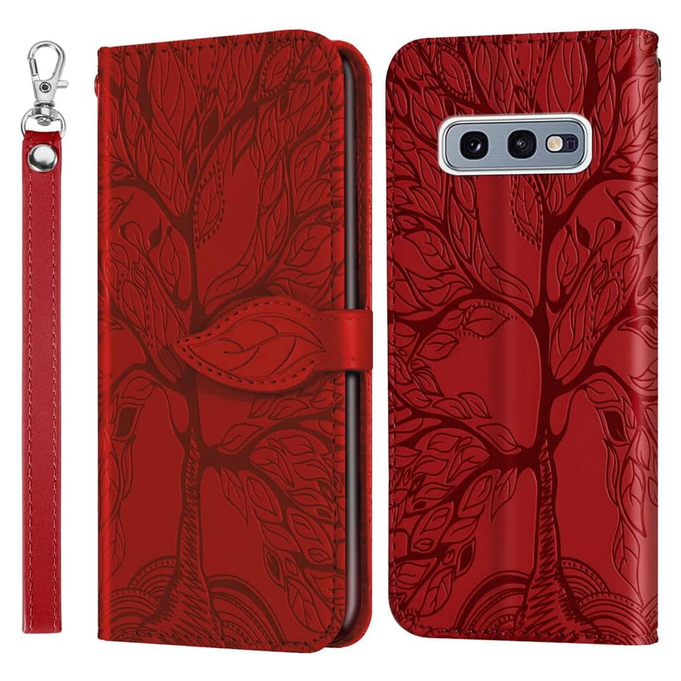 Compatible With Samsung Galaxy S10e Wallet Case Â Leather Flip, Wrist Strap, Kickstand, Magnetic, Shockproof, Card Holder, Life Tree Red 9479868123397