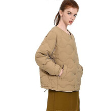 (XL,KHAKI)Down Jacket For Women Short Lightweight Quilted Jacket Casual Turn Down Collar Button Coats With Flap Pocket