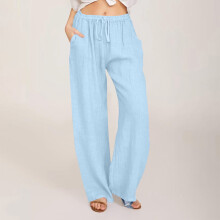 Damesbroek met wijde pijpen, linnen, casual palazzo broek met trekkoord, zomerse losse reisbroek met zakken