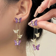 1 Pair Butterflies Tassel Women Earrings Luxury Long Purple Crystal Drop Dangle Stud Earrings Fashion Jewelry Perfect Gift,Purple,Purple