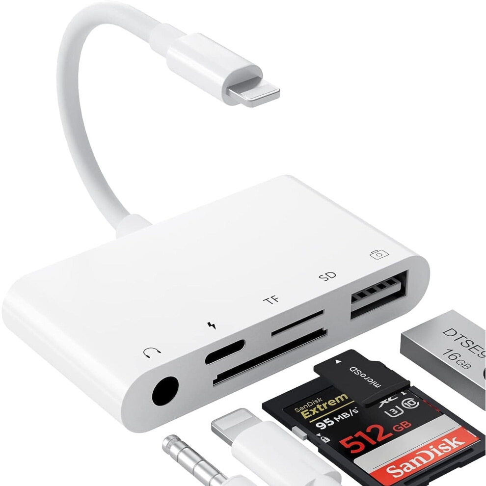 5-In-1 Usb Otg Camera Adapter For Iphone/Ipad: Sd/Tf Card Reader, 3.5Mm Jack & ChargingâCompatible With Iphone 14/13 Pro, Ipad, Ios 15 9028731183206
