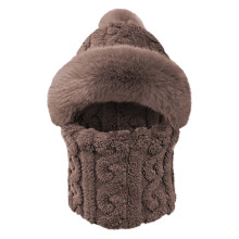Womens Knit Beanie Hat Fleece Lined Winter Scarf Mask Set Snow Caps Plush Earmuff Skull Hats Coffee