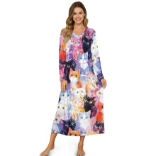Cozy Winter Nightgown for Women Soft Lightweight Sleepshirt Sleep Dress Button Front Long Sleeve Nightshirt Full-Length Loungewear, 4XL, Cartoon Cat
