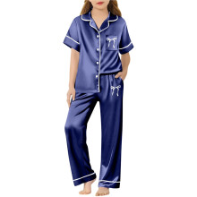 Kurzarm-Hosen-Set für Mädchen, zweiteiliges Outfit aus Seidensatin mit Schleifenmuster, Bluse mit Kragen und Knopfleiste, Mädchen-Hauskleidung