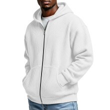 Moletom masculino com textura waffle, zíper frontal completo e bolso canguru.