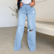 Damebukser med revnede jeans, høy midje, baggy, rette, vide ben og lommer