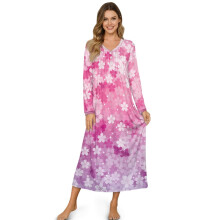Women's Full-Length Button-Down House Dress & Nightgown, Soft Cozy Lounge Sleepwear, L, Cherry Blossom Pink Violet