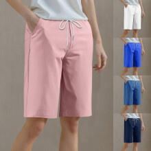 Damesshorts tot op de knie, effen kleur, geschikt voor yoga, fitness, sport en tennis, hoge taille en trekkoord.