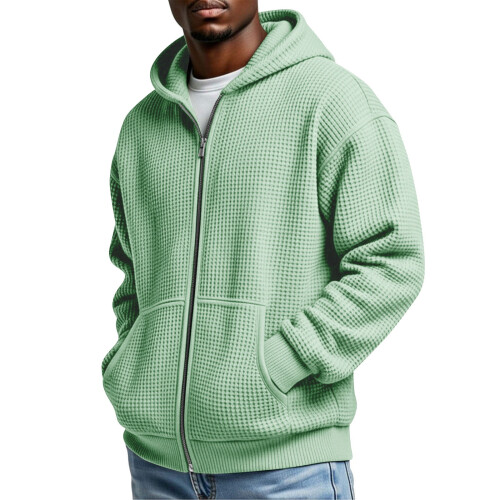 Moletom masculino com capuz, zíper frontal e textura waffle, com bolso canguru.
