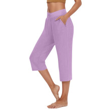 Dames capri yogabroek met zakken, effen kleur, middelhoge taille, wijde pijpen, cropped sportbroek voor het beoefenen van een trendy outfit.