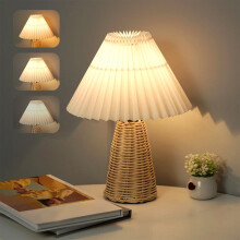 Modern Farmhouse Table Lamp, Dimmable LED Nightstand Lamp with Flaxen Fabric Shade, Solid Wood Base – Compatible with E26 Bulbs
